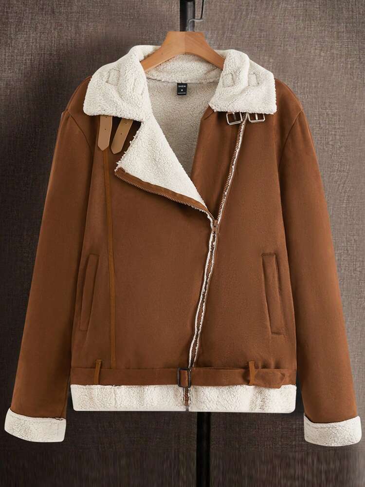 Men 1pc Teddy Lined Buckle Belted Jacket