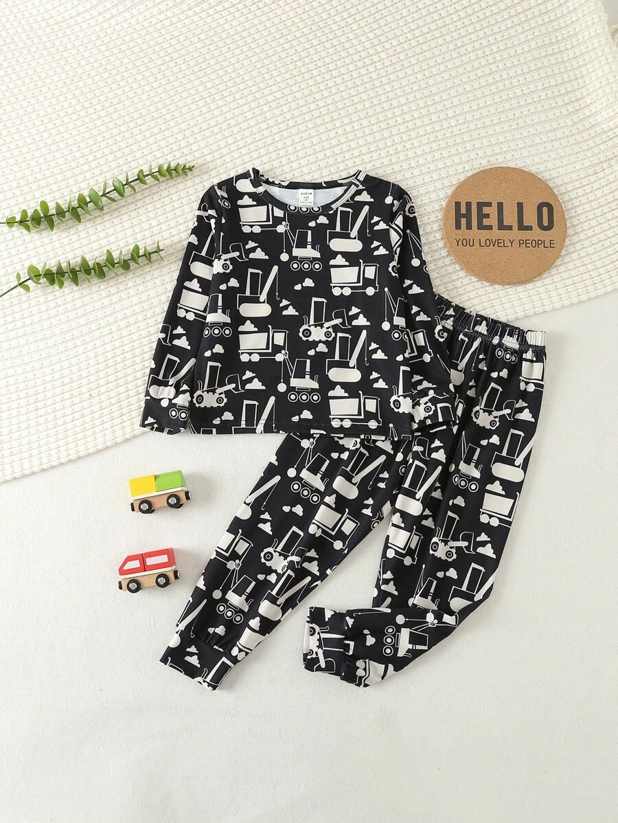 Young Boy Cartoon Graphic PJ Set - Black - View 1