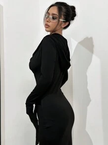 SHEIN Unity 垂領前收褶高衩腰帶緊身洋裝 - 黑色 - 查看 2