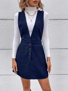 SHEIN Frenchy Button Front Overall Dress Without Sweater - Navy Blue - View 6