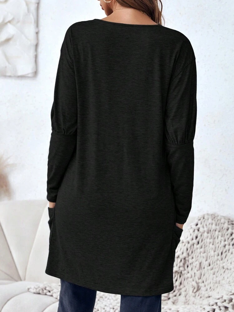 Solid V Neck Asymmetrical Hem Tee
