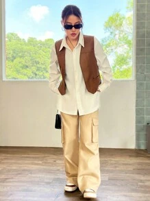 SHEIN EZwear 開門襟PU皮革夾克背心 - 棕色 - 查看 6