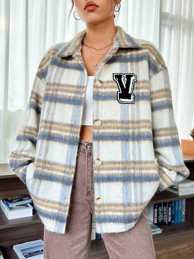 Plaid Print Letter Patched Drop Shoulder Overcoat