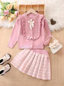 SHEIN Cô Gái Trẻ Viền Ruffle Nơ mặt trước Áo len Mở & Kẻ sọc Xếp li Váy len nửa mảnh - Hồng - Xem 1