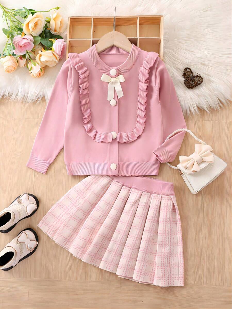 SHEIN Cô Gái Trẻ Viền Ruffle Nơ mặt trước Áo len Mở & Kẻ sọc Xếp li Váy len nửa mảnh - Hồng - Xem 1