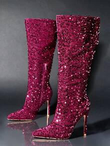 亮片裝飾細跟靴子 - 中紫紅色 - 查看 2