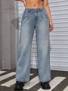 SHEIN ICON Chất rắn quần ống rộng Quần jean - Rửa nhẹ - Xem 5