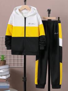SHEIN Conjunto de moletom com capuz e calça de moletom para meninos pré-adolescentes, lã espessada, casual, solta, bloco de cores