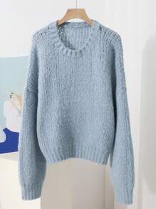 DAZY 纯色落肩超大毛衣，秋装 - 藍色 - 查看 8