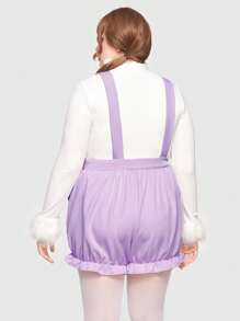 ROMWE X Care Bears Plus Cartoon Embroidered Ruffle Trim Overall Romper - Purple - View 3
