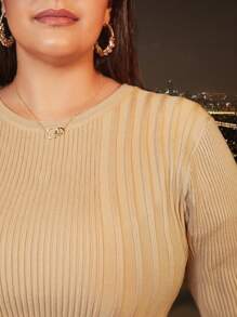 SHEIN Frenchy Plus Solid Ribbed Knit Bodycon Dress - Khaki - View 3