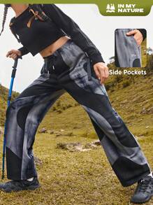 In My Nature Colorblock Graphic Print Drawstring Waist Outdoor Sweatpants - Grey - View 1