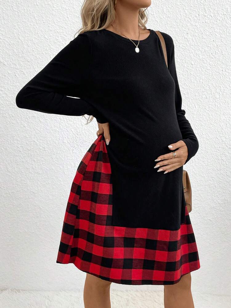 Maternity Buffalo Plaid Print Dress
