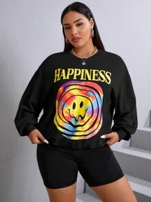 SHEIN EZwear Plus Cartoon & Letter Graphic Drop Shoulder Sweatshirt - Black - View 1