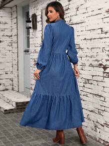 EMERY ROSE Tie Neck Lantern Sleeve Ruffle Hem Denim Dress, Fall Women Clothes