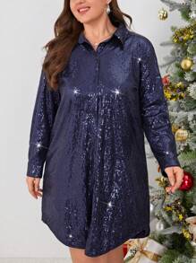 SHEIN LUNE Plus Robe Chemise À Sequins - Bleu marine - Voir 4
