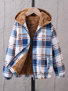 Tween Boy Plaid Print Hooded Thermal Lined Jacket - Multicolor - View 1