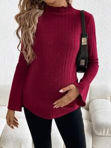 SHEIN 孕婦小高領喇叭袖弧形下擺T恤 - 酒紅色 - 查看 1