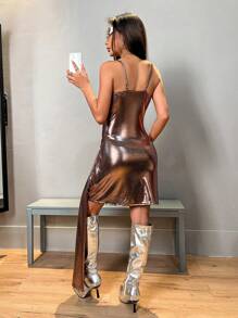 SHEIN Unity Metallic Ruched Side Split Hem Cami Bodycon Dress - Baby Pink - View 2