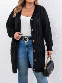 SHEIN LUNE Plus Cable Knit Drop Shoulder Button Front Cardigan - Black - View 3