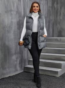 SHEIN LUNE Plus Drawstring Waist Zipper Vest Padded Coat - Grey - View 4