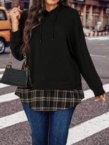 Calvaya Plus Plaid Print Drop Shoulder Drawstring Hoodie Pullover Fall Outfit
