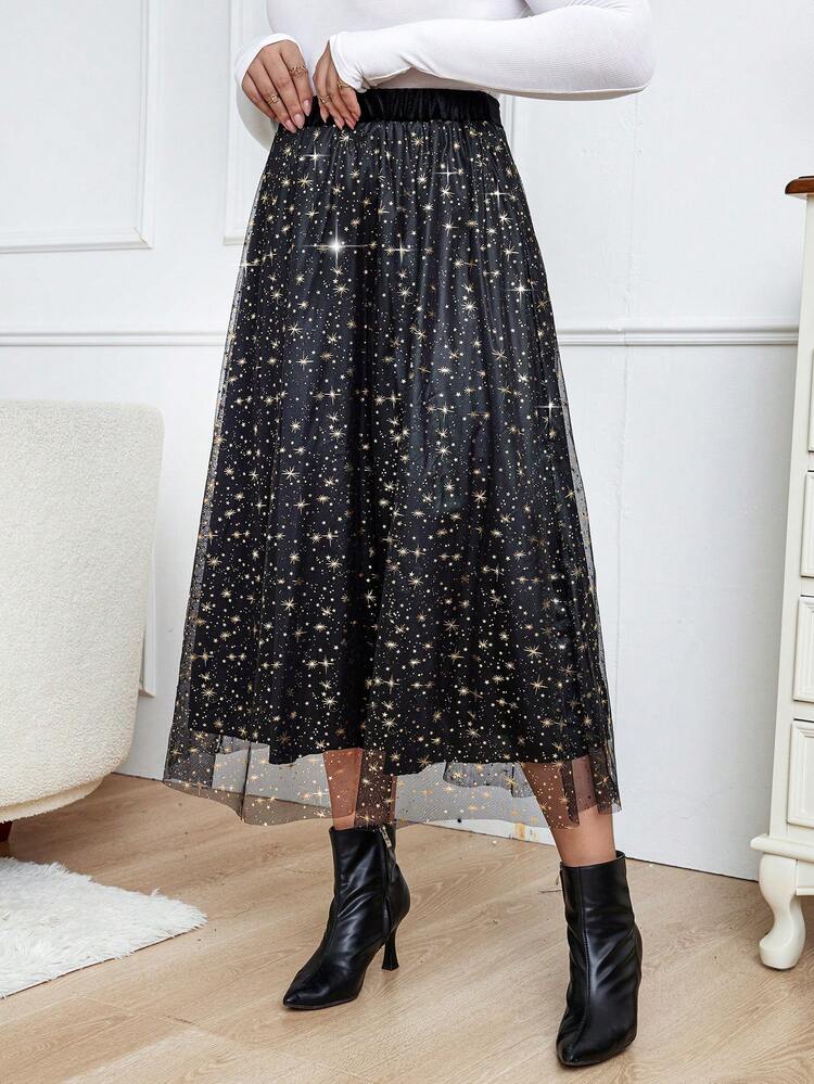 Flirla プラス 星プリント メッシュオーバーレイ スカート | SHEIN JAPAN