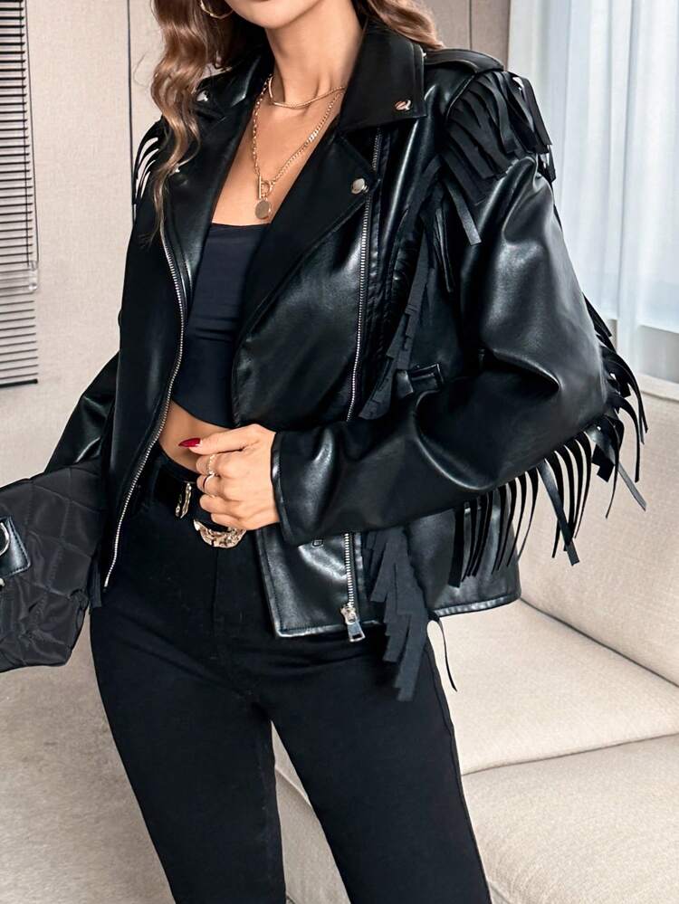 Fringe Trim Zip Up PU Leather Moto Jacket