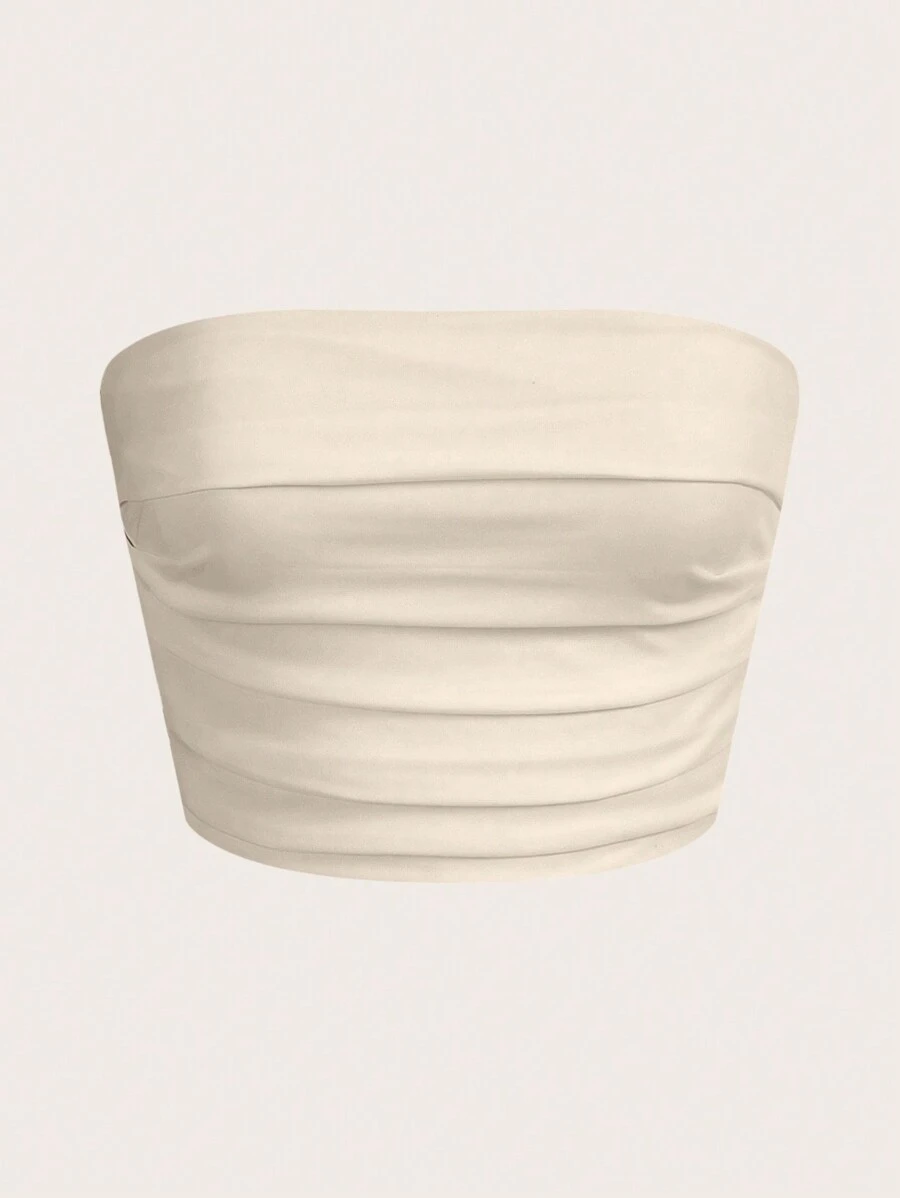 Muchica 素色褶邊短款抹胸上衣 - 杏色 - 查看 1