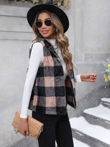 SHEIN LUNE 大方格圖案拉鍊絨毛夾克背心 - 彩色 - 查看 3