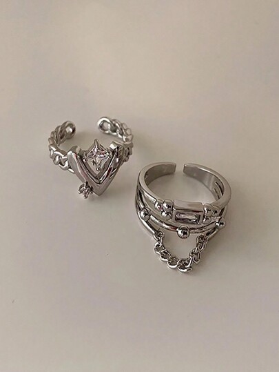 2 pièces Bague Ouverte Mode En Fer En Alliage À Chaîne Pour Femme Pour Décoration Quotidienne