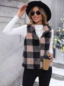 SHEIN LUNE 大方格圖案拉鍊絨毛夾克背心 - 彩色 - 查看 6