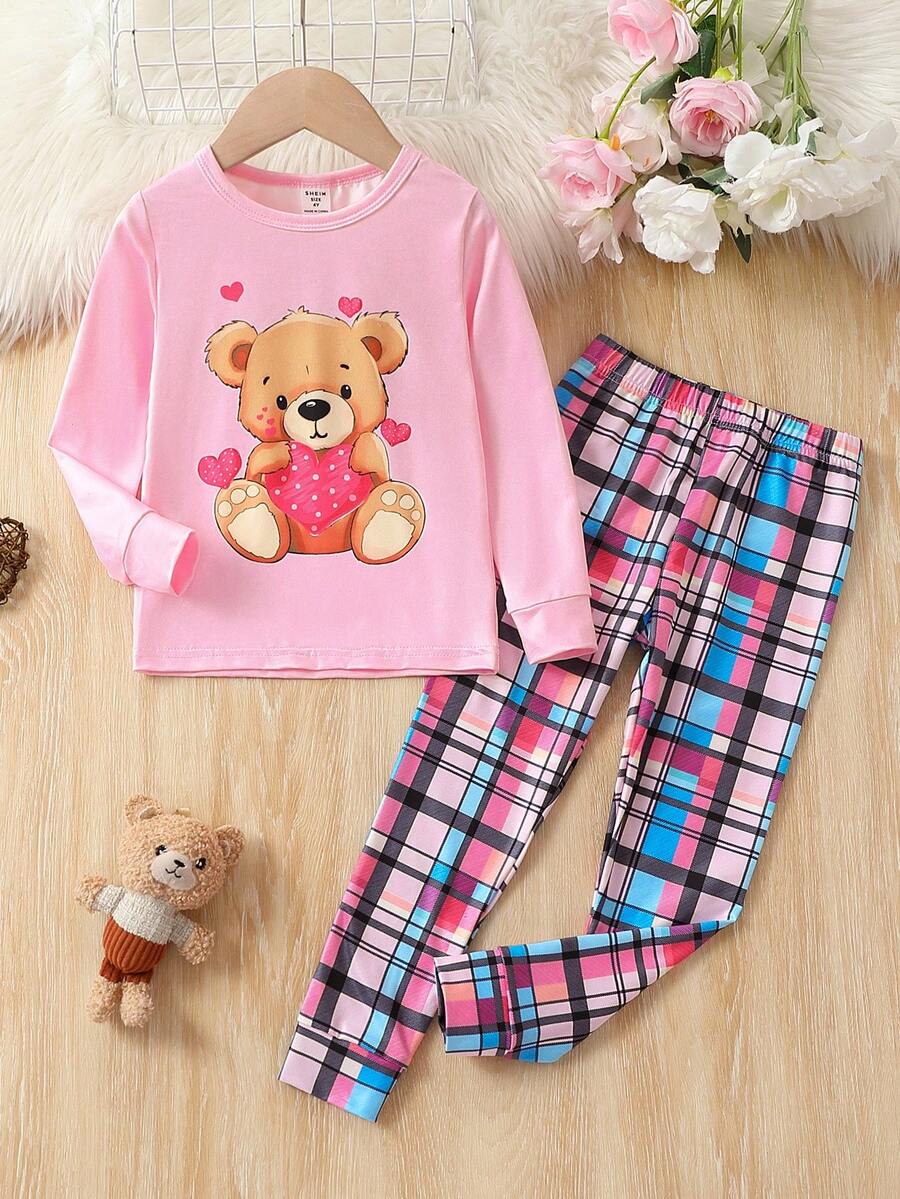 Young Girl Bear Print Tee & Plaid Pants Snug Fit PJ Set - Pink - View 1
