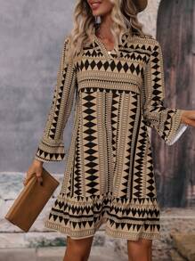 SHEIN LUNE In Địa lý Cổ có Lỗ hổng Xù Hoa Sen Váy Smock Không có thắt lưng - Màu Khaki - Xem 4