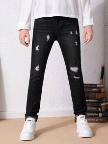 SHEIN 青少年男孩破洞抽鬚漂白水洗牛仔褲 - 黑色 - 查看 4