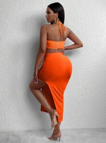 Slaydiva O-ring Detail Halter Top & Split Thigh Skirt - Orange - View 2