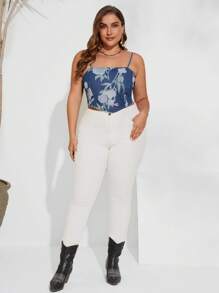 SHEIN Essnce 休閒褶皺邊花卉印花大碼牛仔上衣 - 彩色 - 查看 5