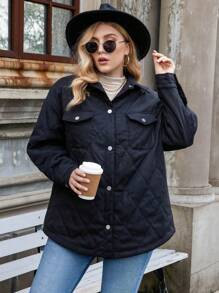 Calvaya 加盖口袋落肩绗缝夹棉大衣冬季服装 - 黑色 - 查看 1