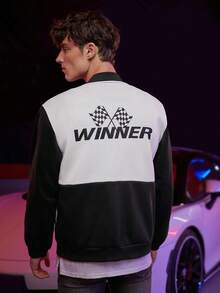 ROMWE MEN Street Life Các bạn Đồ họa Chữ cái Hai âm Áo khoác bomber - Đen và trắng - Xem 2