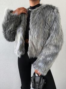 EURMUSE Open Front Fuzzy Coat - Light Grey - View 5