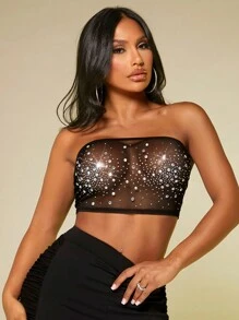 SHEIN SXY sexy outfits club Rhinestone Detail Crop Tube Top - Black - View 5