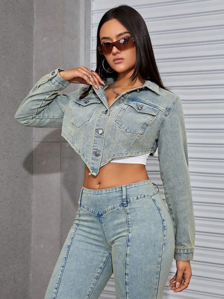 Flap Pocket Asymmetrical Hem Crop Denim Jacket