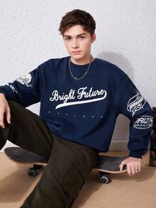 SHEIN Thiếu niên con trai Đồ họa Chữ cái Thả vai Áo nỉ - Màu xanh hải quân - Xem 5