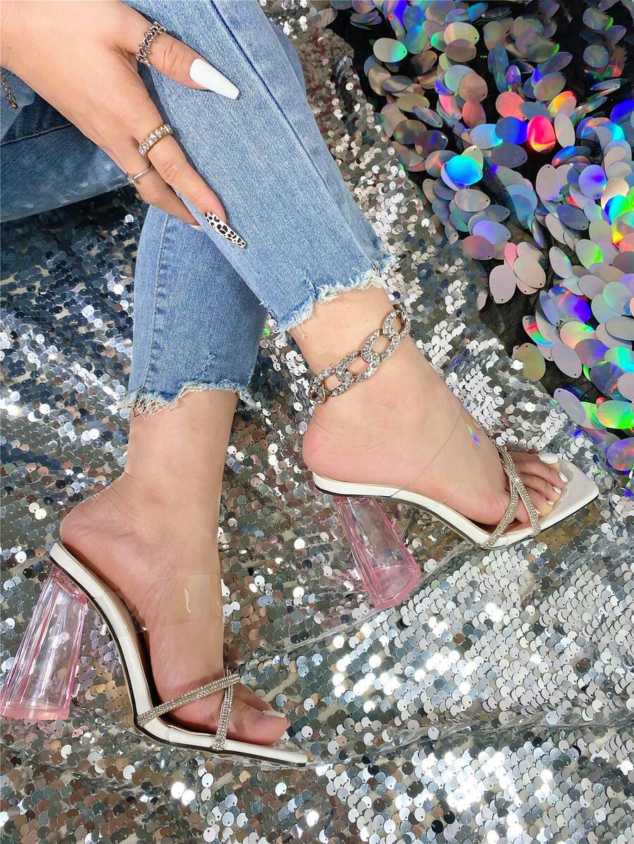 Zapatillas cristal tacón & con diseño de diamante de imitación de punta cuadrada para casual desgaste - Blanco - Ver 1