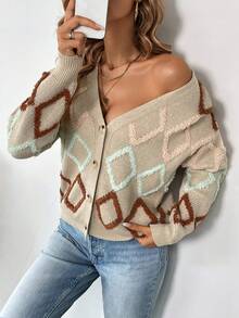 SHEIN Essnce 菱形印花落肩袖開襟衫 - 彩色 - 查看 3