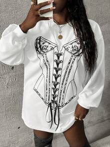 Slaydiva Graphic Print Lace Up Front Drop Shoulder Sweatshirt - White - View 6