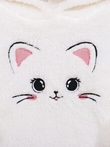 女嬰卡通刺繡蝴蝶結連帽法蘭絨洋裝 - 白色 - 查看 4