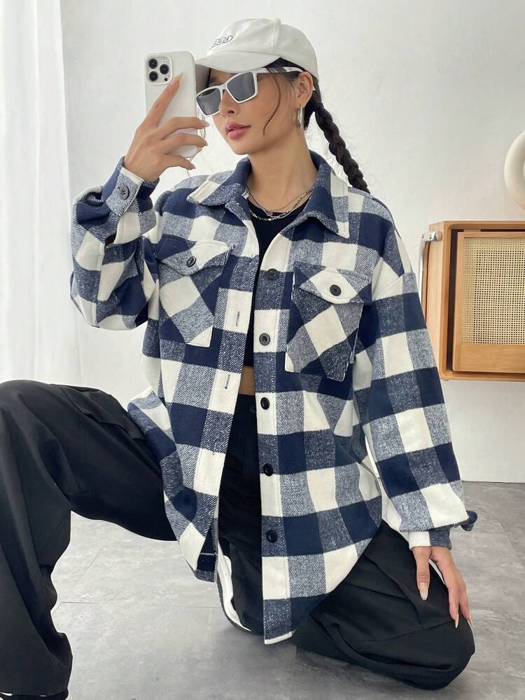 Buffalo Plaid Print Drop Shoulder Flap Pocket Overcoat