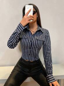 Flirla Camisa con estampado de rayas con diseño de solapa - Azul Marino - Ver 3