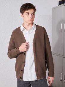 SHEIN 青少年男孩落肩袖前紐扣開襟衫 - 棕色 - 查看 3